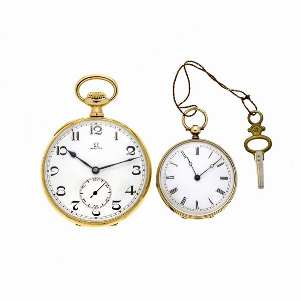 OMEGA : Orologio da tasca in oro giallo Omega ed un'altro più piccolo  - Asta Asta di Gioielli  e Orologi -  Gioielli Antichi da una Collezione Veneziana (lotti 1- 91) - Curio - Casa d'aste in Firenze