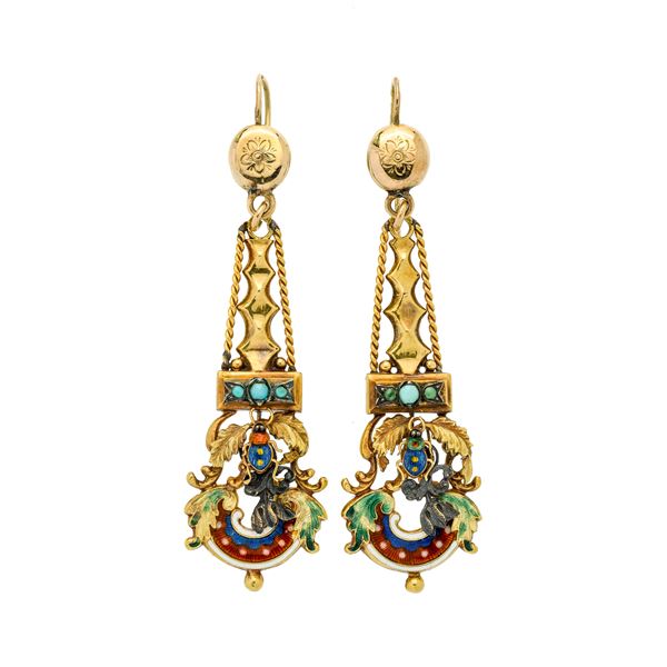 Pair of dangling earrings in yellow gold, silver, turquoise and colored enamels