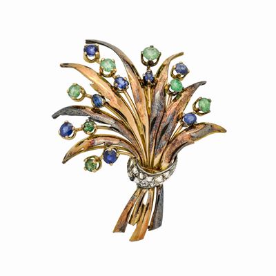 Spilla Mazzo di Fiori in Oro Giallo, Diamanti, Zaffiri e Smeraldi