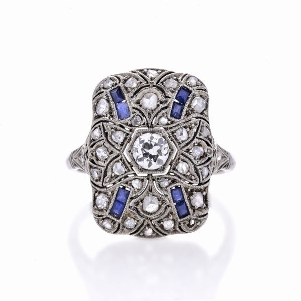Ring in white gold, diamonds and sapphires