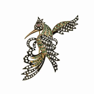 Grande Spilla Fenice in Oro a 14 Kt, Argento, Diamanti, Smeraldi e Rubini