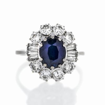 Anello in Oro Bianco, Diamanti e Zaffiro