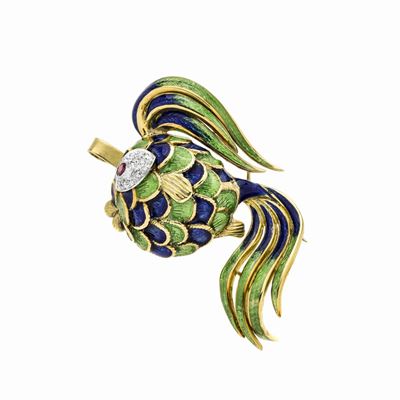 Spilla Pendente Pesce in Oro Giallo, Smalto Verde e Blu, Diamanti e Rubini