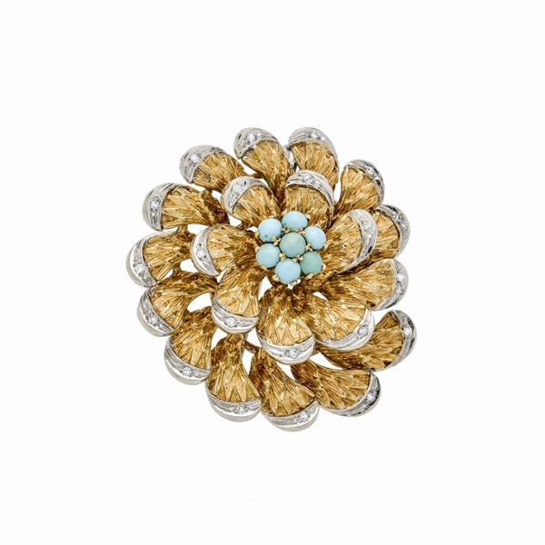 Flower brooch in yellow gold, white gold, diamonds and turquoise