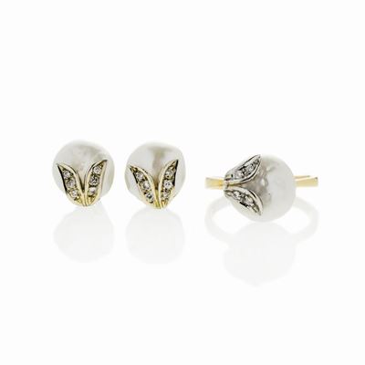 Parure in Oro Giallo, Oro Bianco, Diamanti e Perle Scaramazze