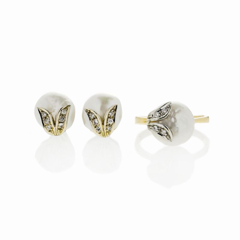 Parure in Oro Giallo, Oro Bianco, Diamanti e Perle Scaramazze