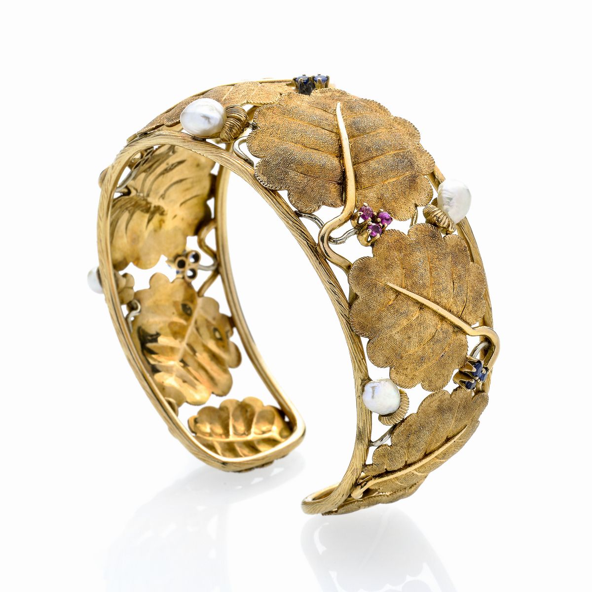 Bracciale Rigido in Oro Giallo, Zaffiri, Rubini e Perle