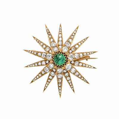 Spilla Stella in Oro Giallo, Diamanti e Smeraldo