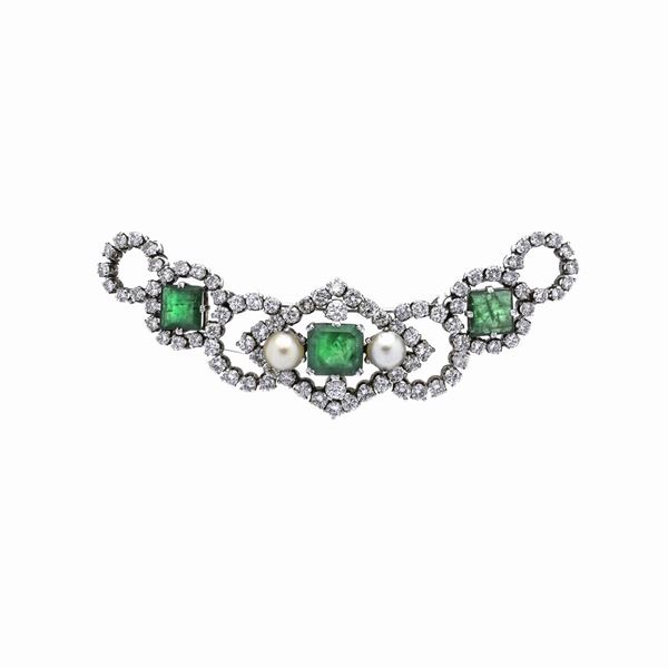 Brooch in white gold, diamonds, pearls and emeralds  - Auction Jewelery and Watch auction - Antique Jewelery from a Venetian Collection (lots 1-91) - Curio - Casa d'aste in Firenze