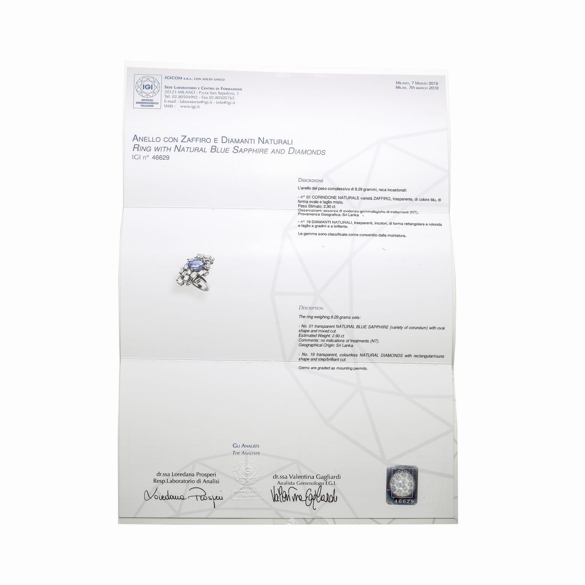 Anello in Oro Bianco, Diamanti e Zaffiro Naturale Ceylon