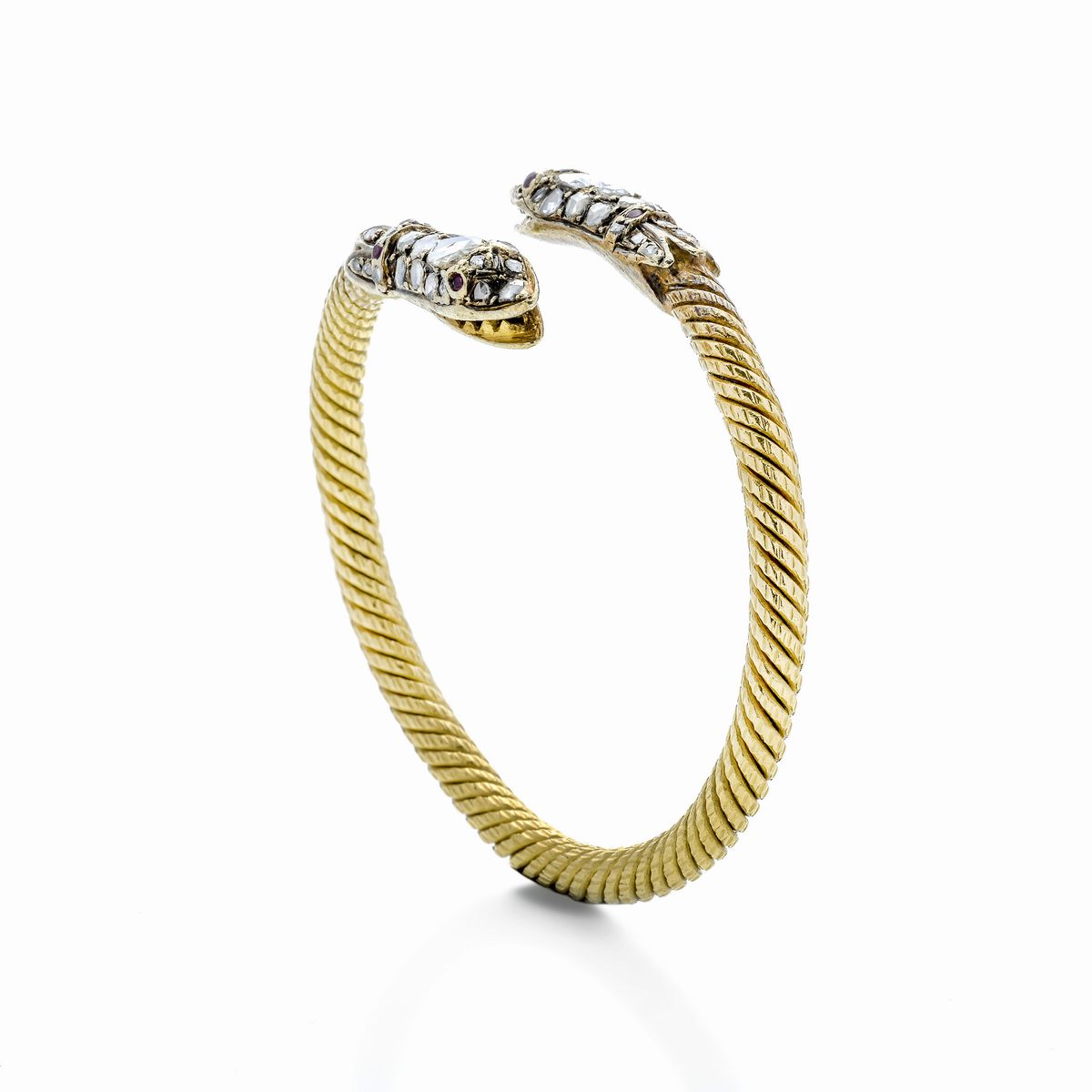 Bracciale Rigido Serpente in Oro Giallo, Rubini e Diamanti