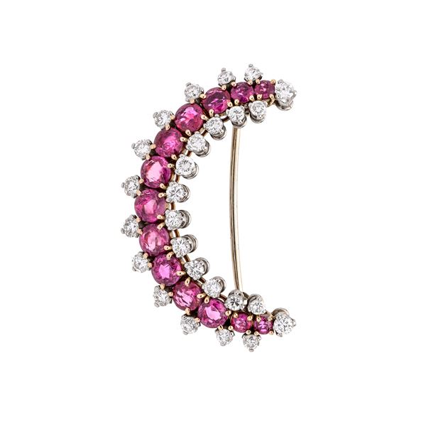 Half moon brooch in yellow gold, white gold, diamonds and natural Burmese rubies