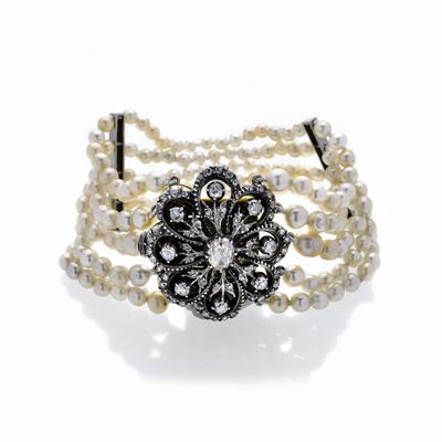 Bracciale in Oro Bianco, Argento Perle Naturali e Diamanti