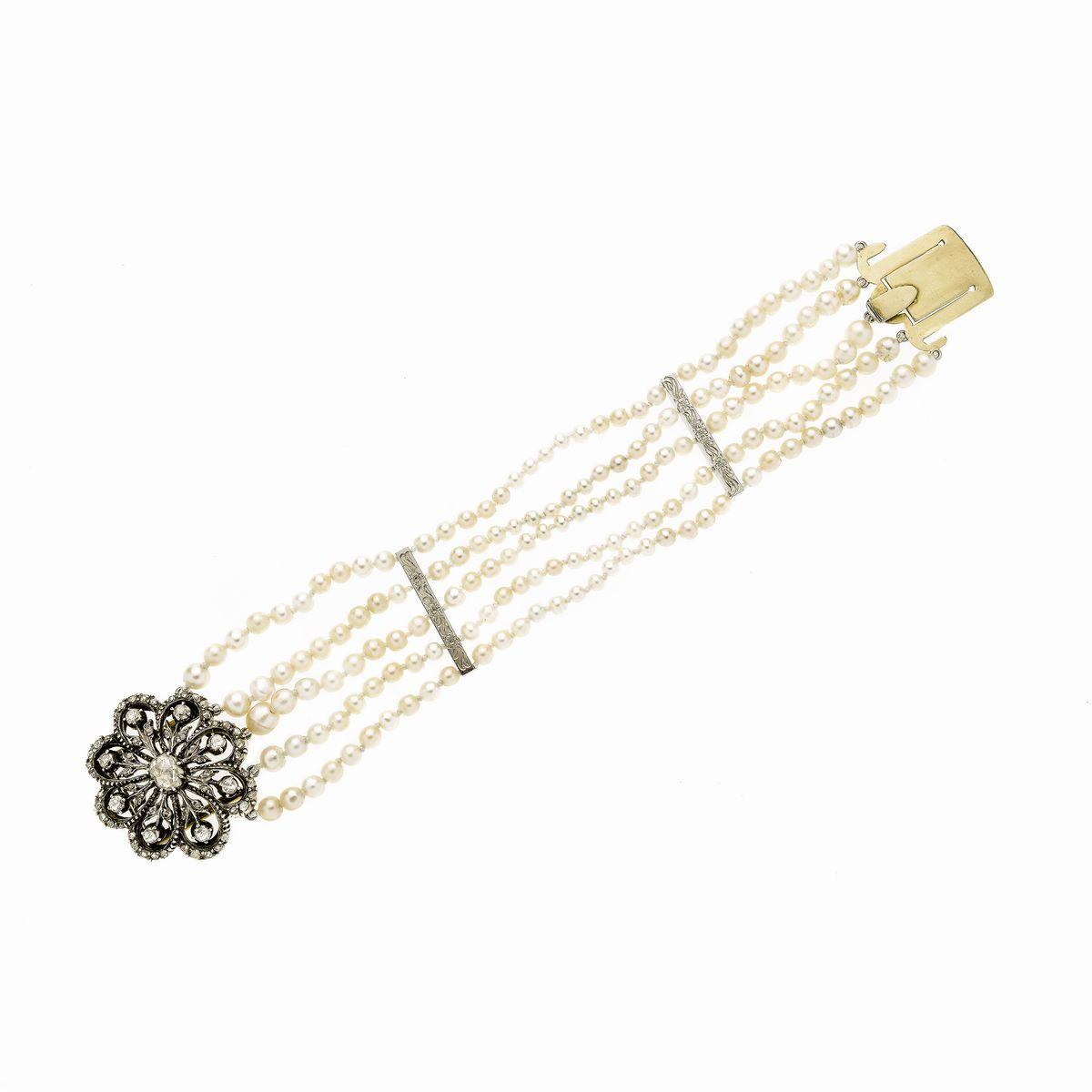 Bracciale in Oro Bianco, Argento Perle Naturali e Diamanti