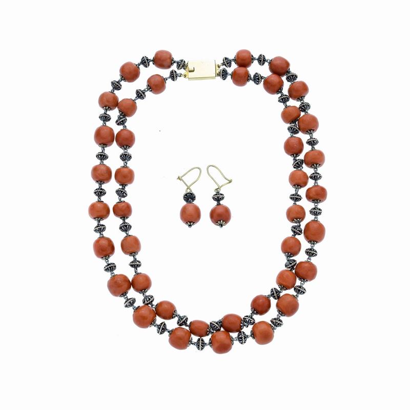 Parure in Argento, Oro Giallo e Corallo Rosso