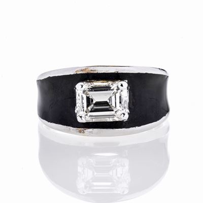 Anello da Mignolo in Oro Bianco, Smalto Nero e Diamante