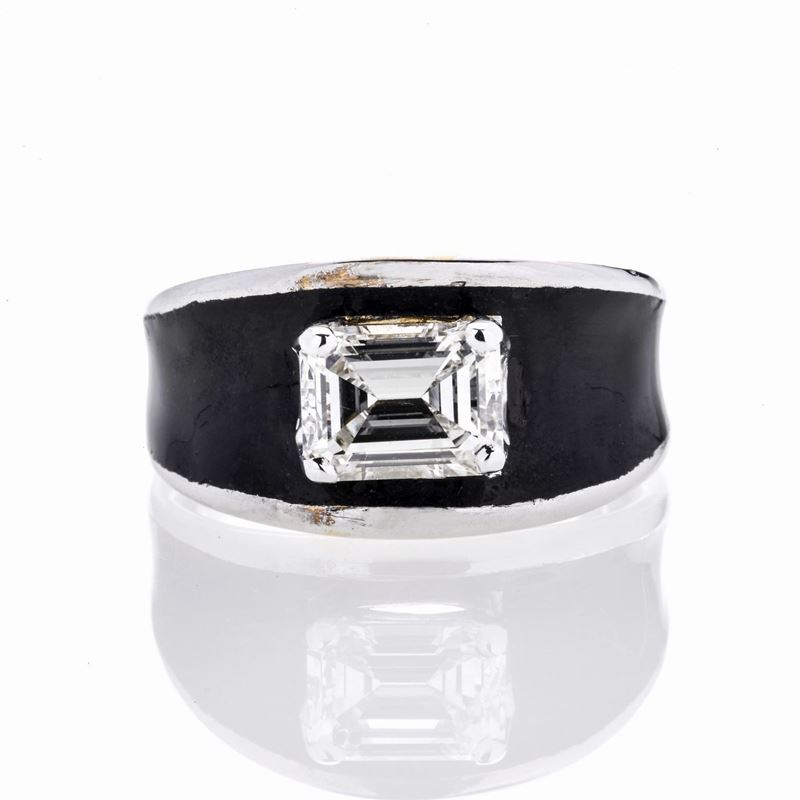Anello da Mignolo in Oro Bianco, Smalto Nero e Diamante