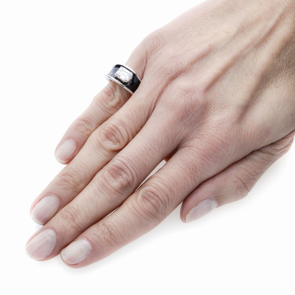 Anello da Mignolo in Oro Bianco, Smalto Nero e Diamante