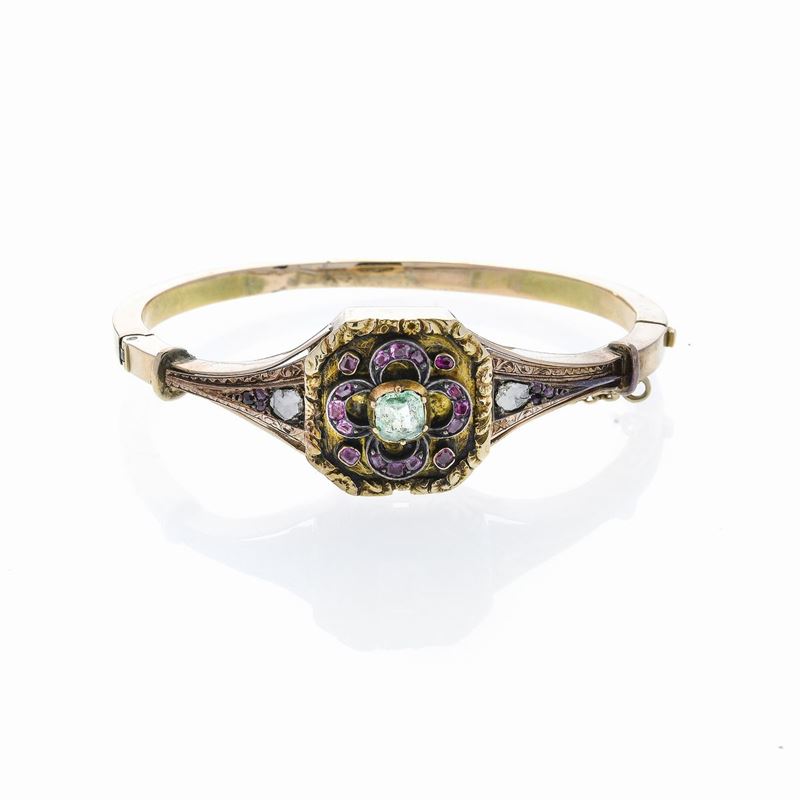 Bracciale Rigido in Oro Rosa e Oro Giallo, Diamanti, Smeraldo e Pietre