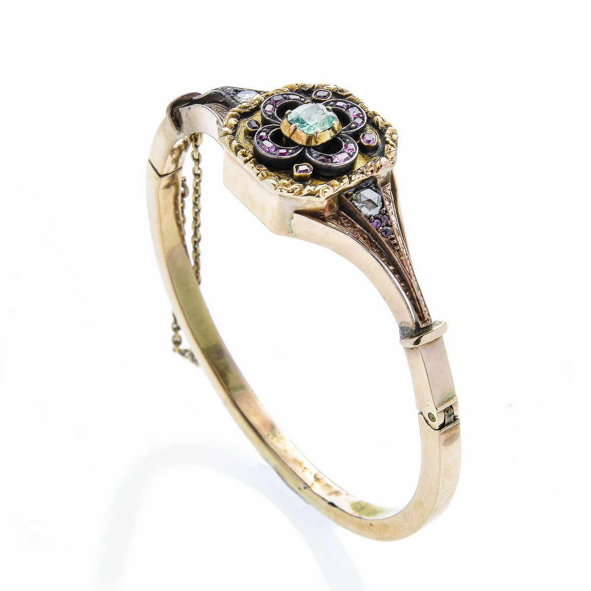 Bracciale Rigido in Oro Rosa e Oro Giallo, Diamanti, Smeraldo e Pietre