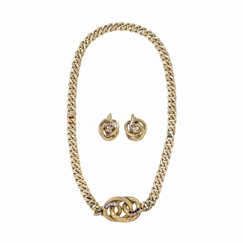 Paio di Orecchini e Collier in Oro a Basso Titolo, Microperle e Pietre
