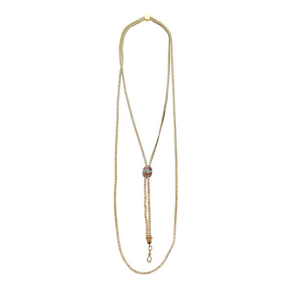 Long necklace of ups and downs in yellow gold, pink gold and turquoise