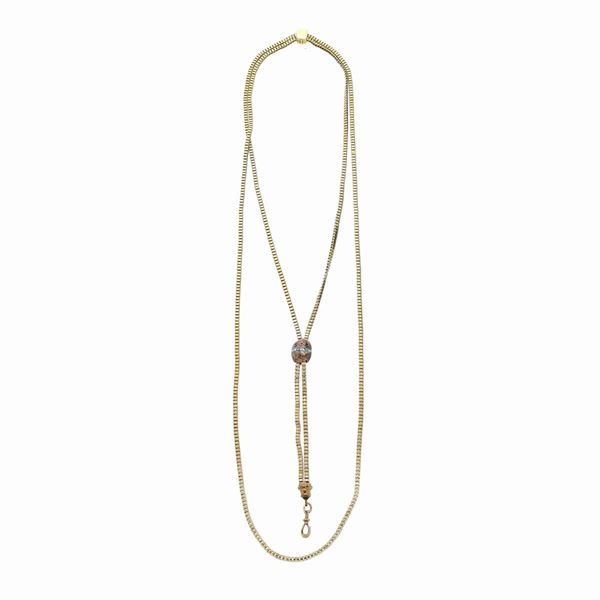 Lunga collana saliscendi in oro giallo, oro rosa e turchesi