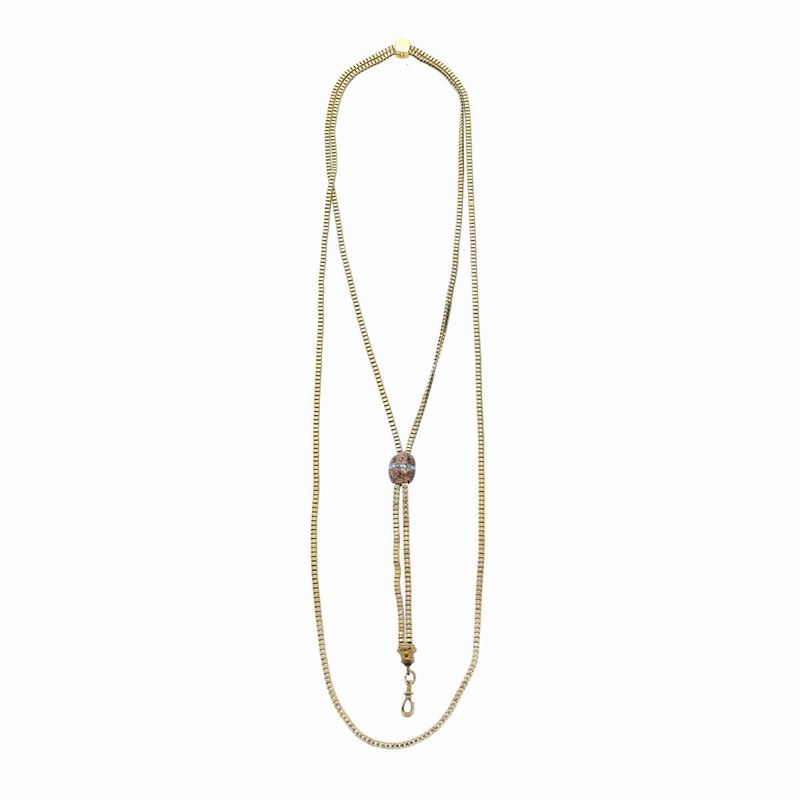 Lunga Collana Saliscendi in Oro Giallo, Oro Rosa e Turchesi