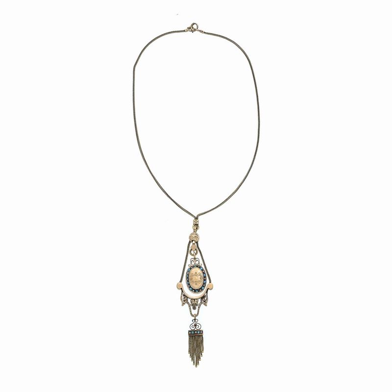 Collana con Pendente in Oro Giallo e Turchesi