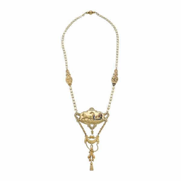 Collana in oro giallo e smalti di vari colori