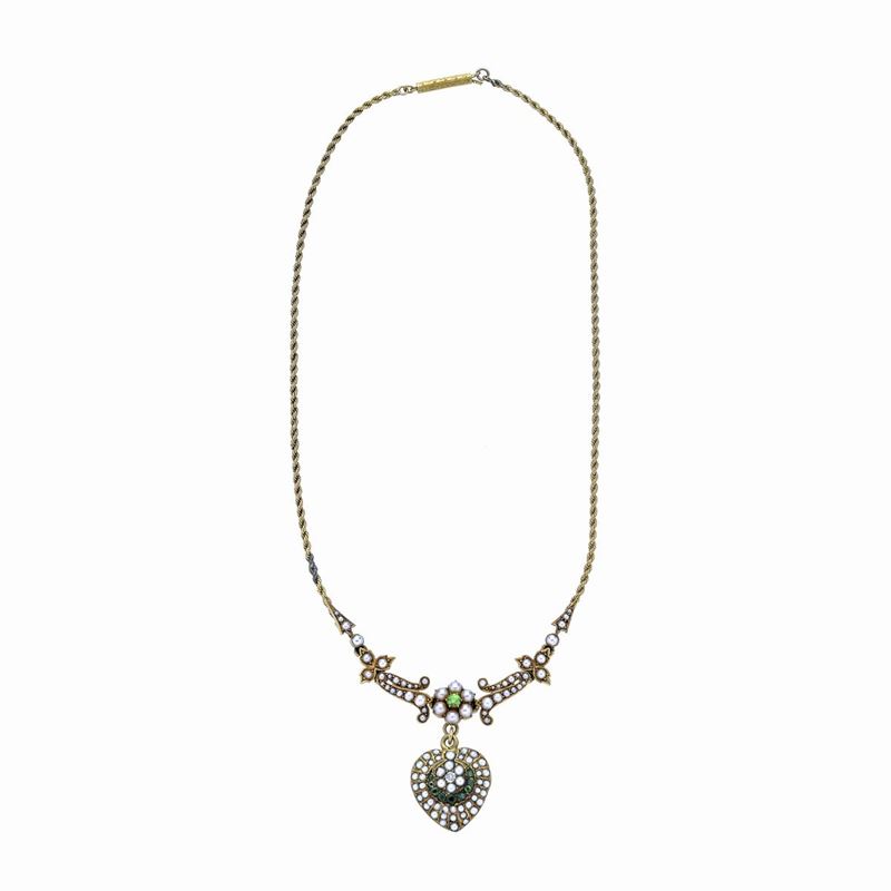Girocollo in Oro Giallo, Diamante, Smeraldi e Microperle