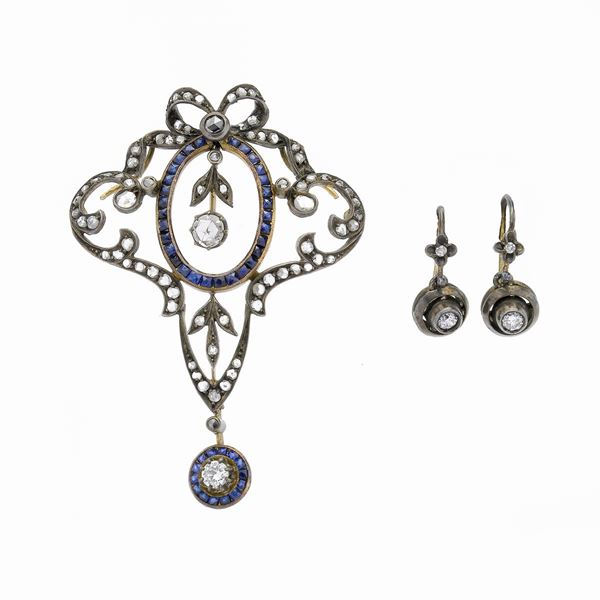 Pendente e paio di orecchini in oro a basso titolo, argento, diamanti e zaffiri