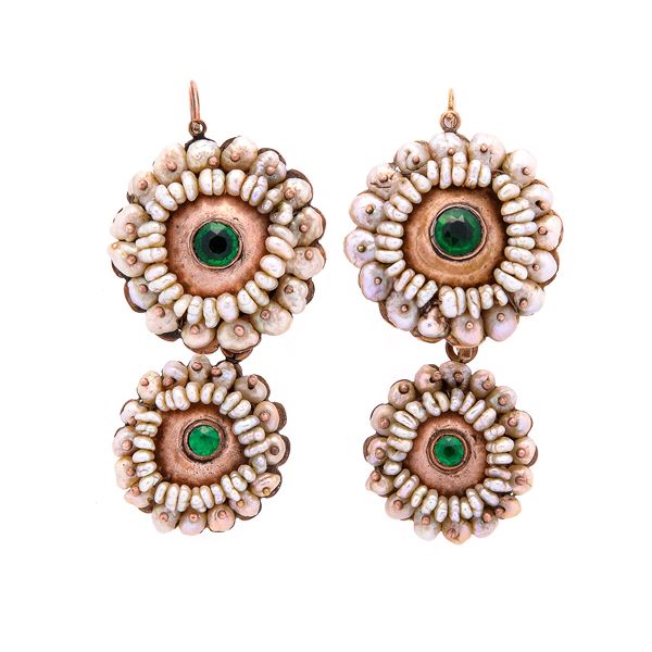 Pair of large gold earrings with a low title, micro-pearls and green stones