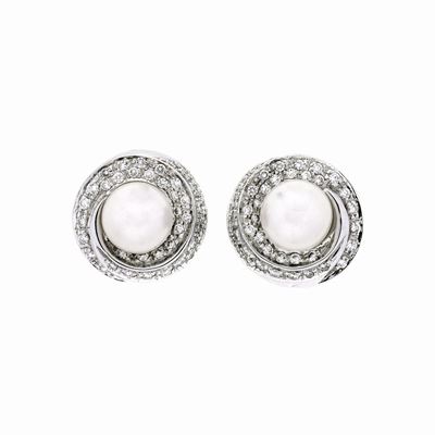 Paio di Orecchini a Clips in Oro Bianco, Diamanti e Perle