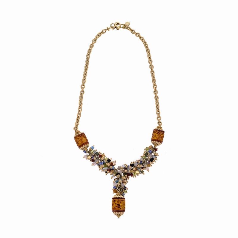 Collana in Oro Giallo, Pietre Dure di Vari Colori e Resina