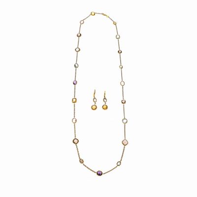 Lunga Collana e Paio di Orecchini in Oro Giallo e Pietre Semi Preziose di Vari Colori