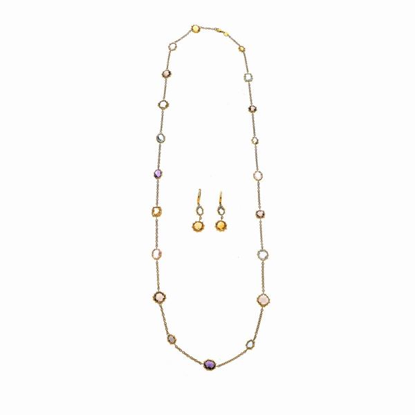 Long necklace and pair of earrings in yellow gold and semi-precious stones in various colors e