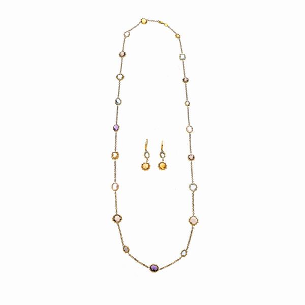 Long necklace and pair of earrings in yellow gold and semi-precious stones in various colors e