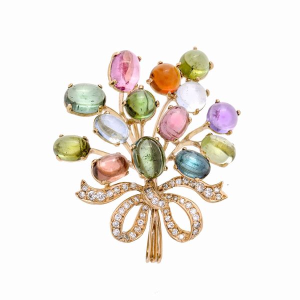 Brooch pendant flowers in yellow gold, diamonds and crystals of various colors