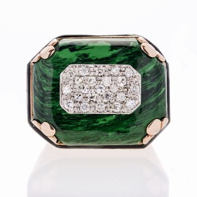 Anello a Ponte in Oro a Basso Titolo, Argento, Smalto Nero, Malachite e Diamanti