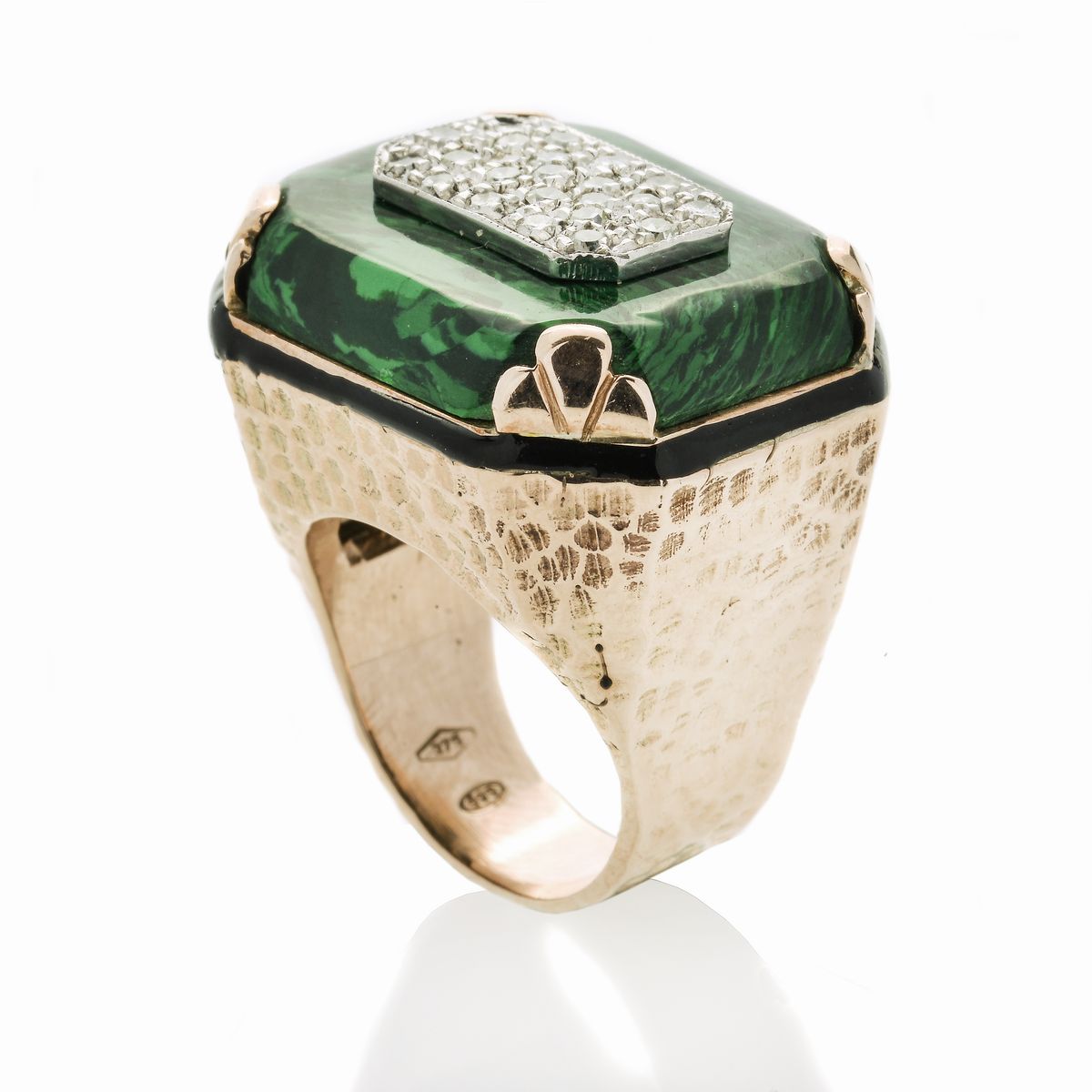 Anello a Ponte in Oro a Basso Titolo, Argento, Smalto Nero, Malachite e Diamanti