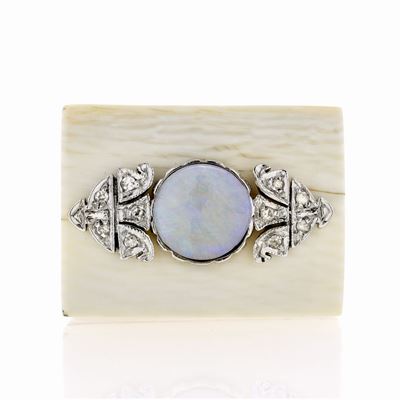 Anello a Ponte in Oro Rosa, Oro Bianco, Diamanti e Opale