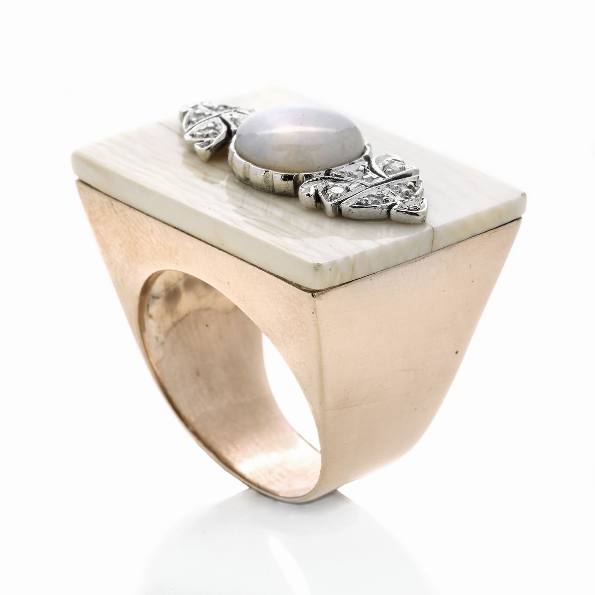 Anello a Ponte in Oro Rosa, Oro Bianco, Diamanti e Opale