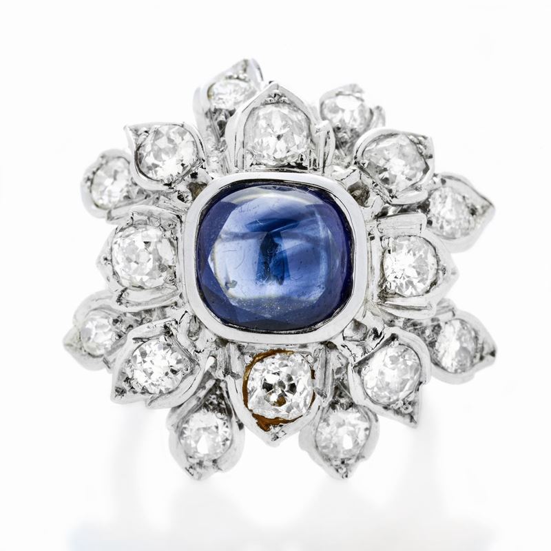 Anello Fiore in Oro Bianco, Diamanti e Zaffiri