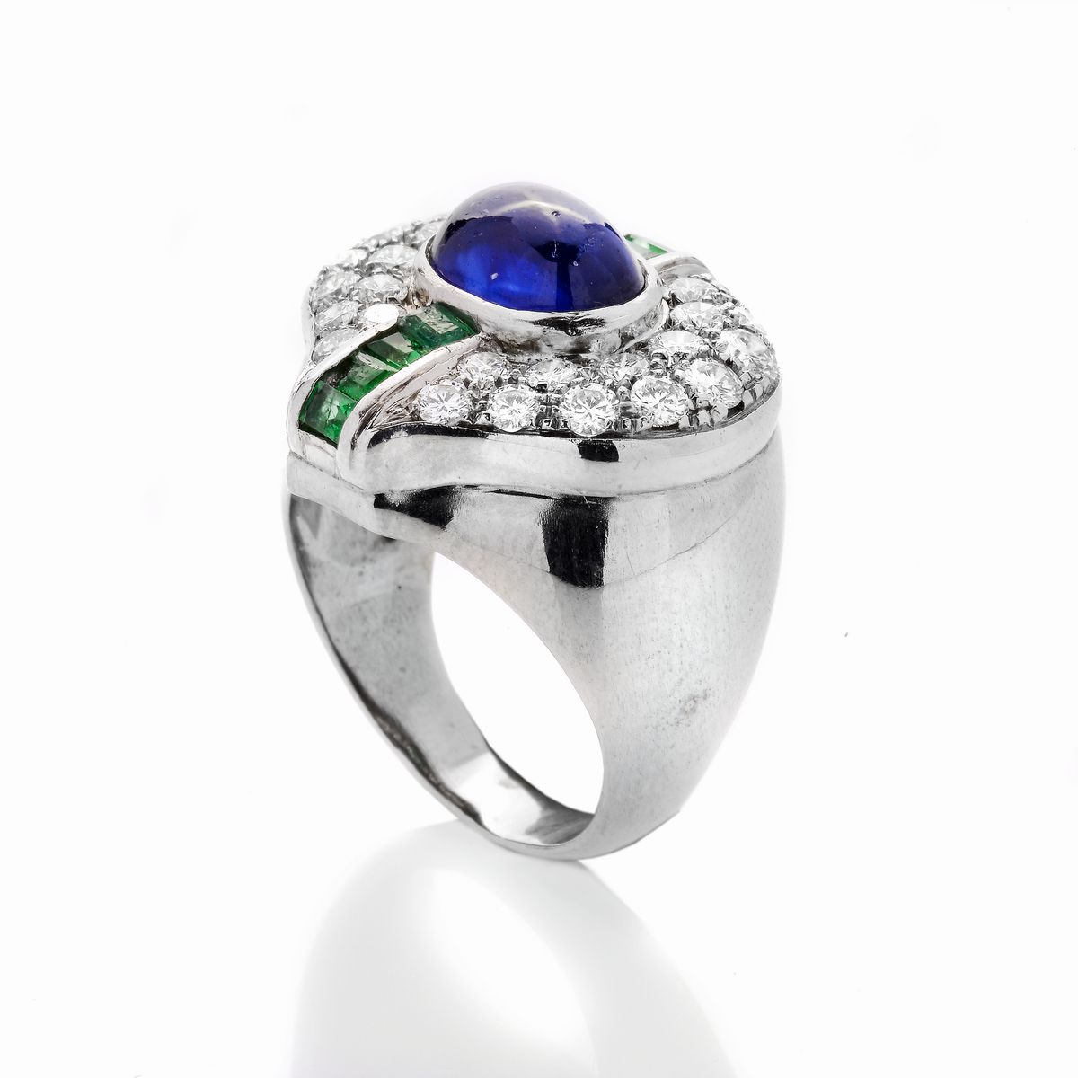 Anello a Ponte in Oro Bianco, Diamanti, Smeraldi e Zaffiro