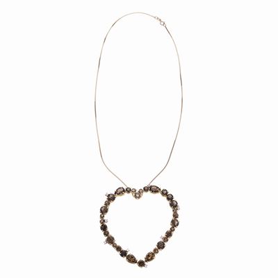 Grande Pendente a Cuore in Oro Giallo, Diamanti e Quarzi Fumè