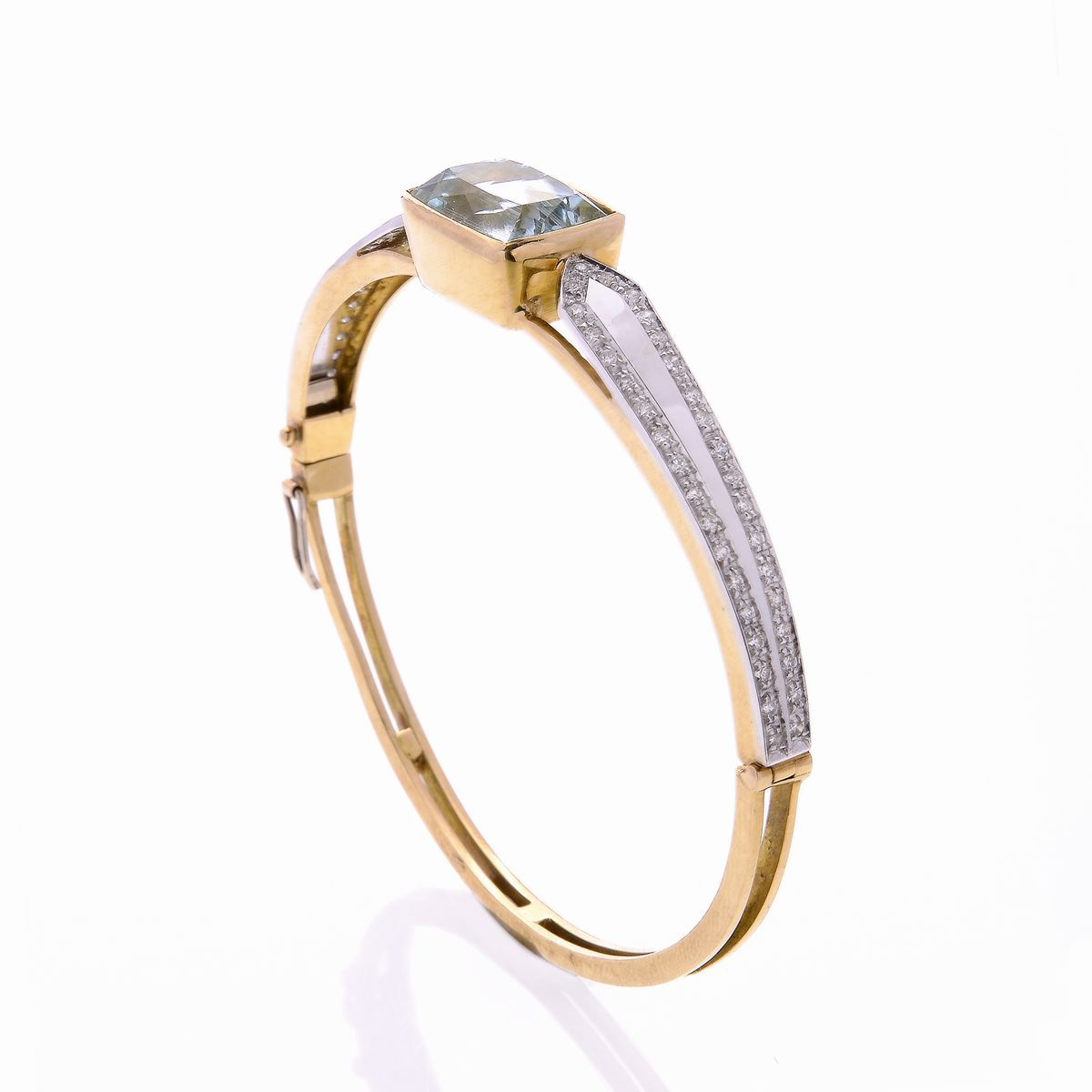Bracciale Rigido in Oro Giallo, Oro Bianco, Diamanti e Acquamarina
