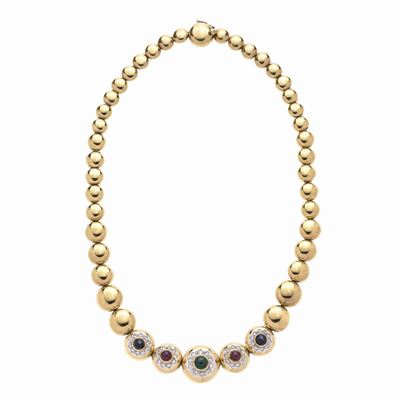 Collana in Oro Giallo, Diamanti, Zaffiri, Rubini e Smeraldo
