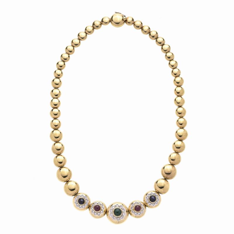 Collana in Oro Giallo, Diamanti, Zaffiri, Rubini e Smeraldo