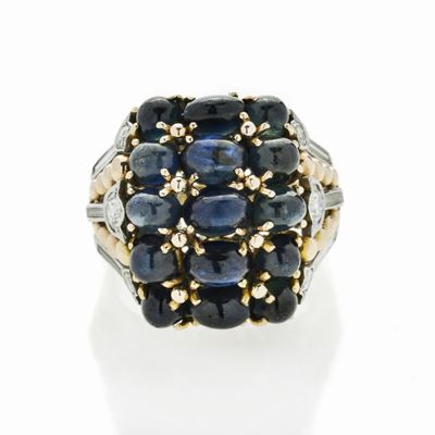 Anello in Oro Giallo, Oro Bianco, Diamanti e Zaffiri